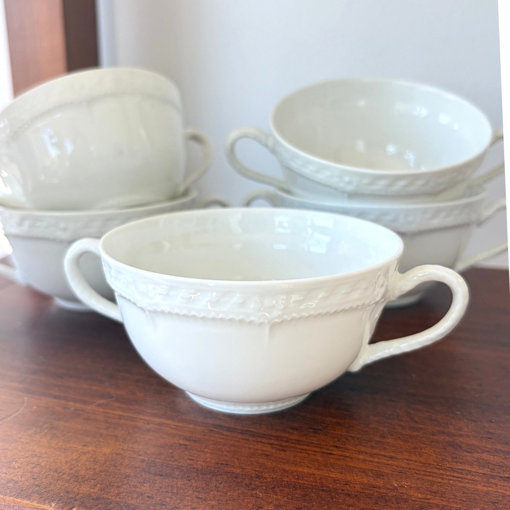 Haviland France Limoges White Porcelain Double Handle Bouillon Soup Cups Set 5